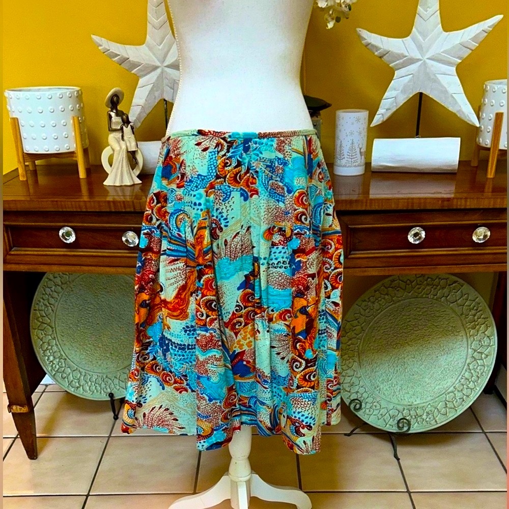 Vtg Ice Y2K Blue Orange Paisley Floral Colorful Beaded Linen Knee Length Skirt